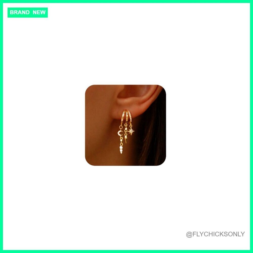 14K Gold Plated Triple Huggie Hoop Earrings with Cross Moon Star Drops